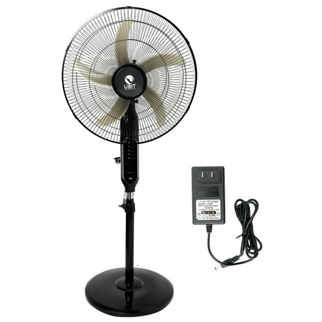 Ventilateur rechargeable sur socles 18'' - Avec port de chargement USB - UBIT - UB-18NR - Lumière LED - 3 vitesses - Autonomie de la batterie au lithium de 4 à 6 heures - 5 niveaux Elise - Noir