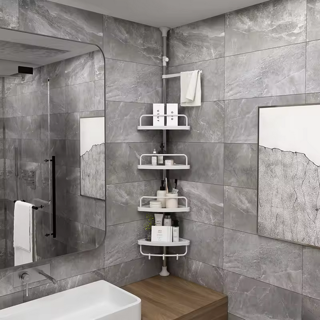 Etagere de douche Salle De Bains Réglable 4 Niveaux De Stockage Rack Toilette Plancher Debout Coin Titulaire Étagère