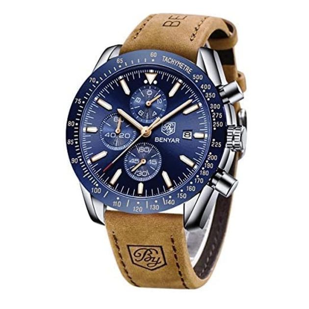 Montre bracelet élégante pour hommes - en cuir véritable - montre d'affaires chronographe analogique