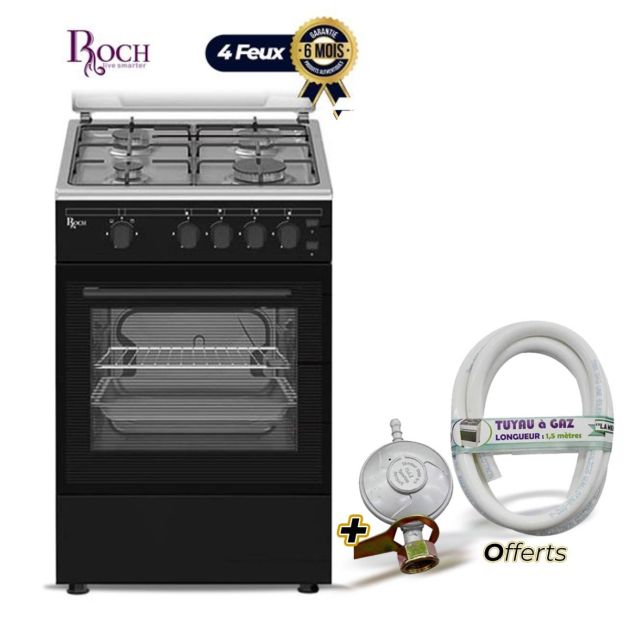 Cuisinière à Gaz ROCH  - 50 x 50- Full Option - 4 Feux + Tuyau à gaz 1,5 mètres + Détendeur à gaz