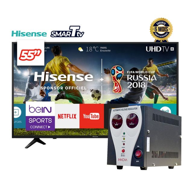 Smart TV Hisense 55 pouces - 55A6G - 4K UHD + Régulateur De Tension AB -1000VA - Innova