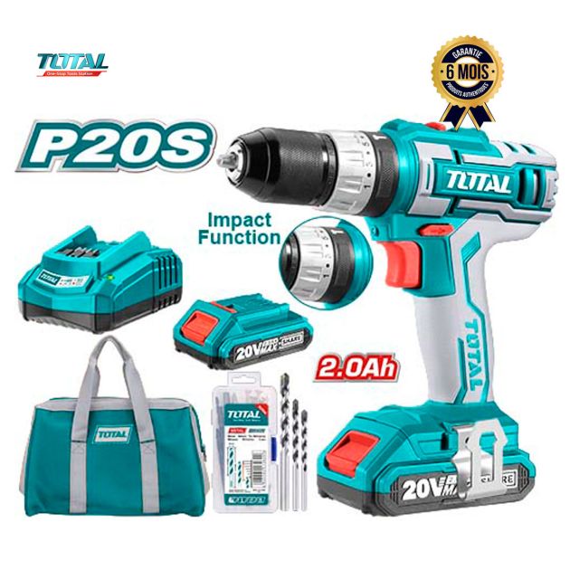 Perceuse à percussion Lithium-Ion - TOTAL TIDLI2002 - 20V - 0-400/0-1500/min - 6 Mois