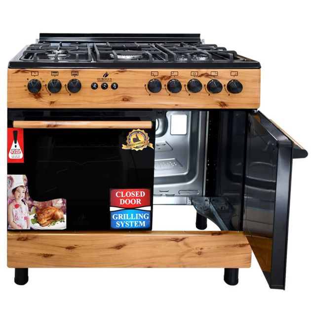 Cuisinière 5 Foyers automatique - EUROLUX - Trendy Bois - 60 x 90 - Four + Porte bouteille à gaz - Marron