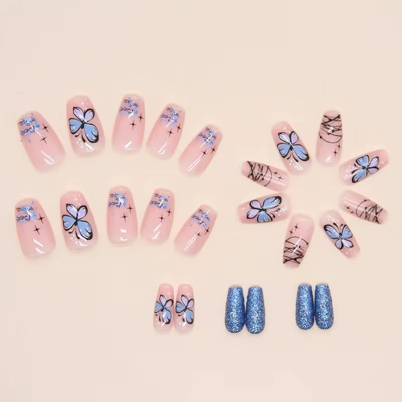Kit de Faux Ongles Papillon Bleu et Paillettes
