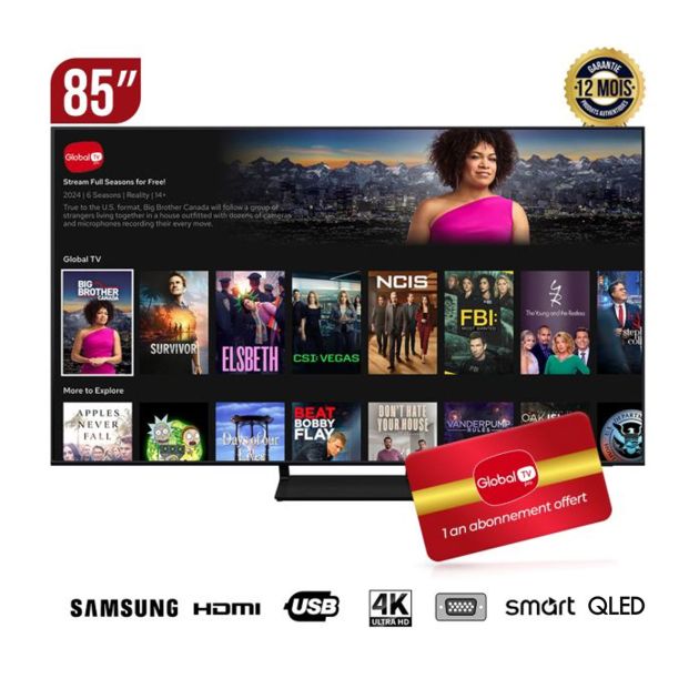 TV Smart Samsung - 85 pouces - QLED - 4K UHD - QA85Q60CAUXLY - Série 6 - 2023 + Carte d'abonnement Global TV Pro 12 Mois