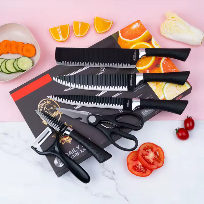 Lot de 6 couteaux de cuisine en acier inoxydable à revêtement antiadhésif noir, 6 pièces, ensemble de couteaux à revêtement antiadhésif avec cadeau, nouveauté 2025