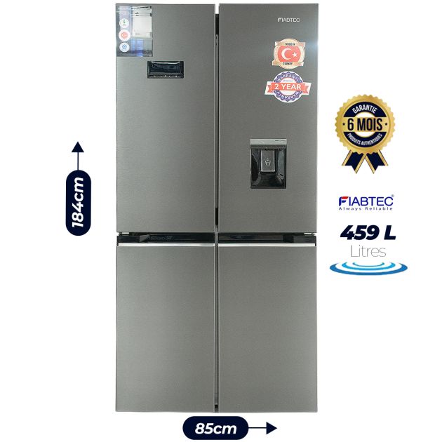 Réfrigérateur AméricainFIABTEC - No Frost - FTTL-620459 - 459 litres - Avec distributeur d'eau - Acier inoxydable titane - Garantie 6 mois