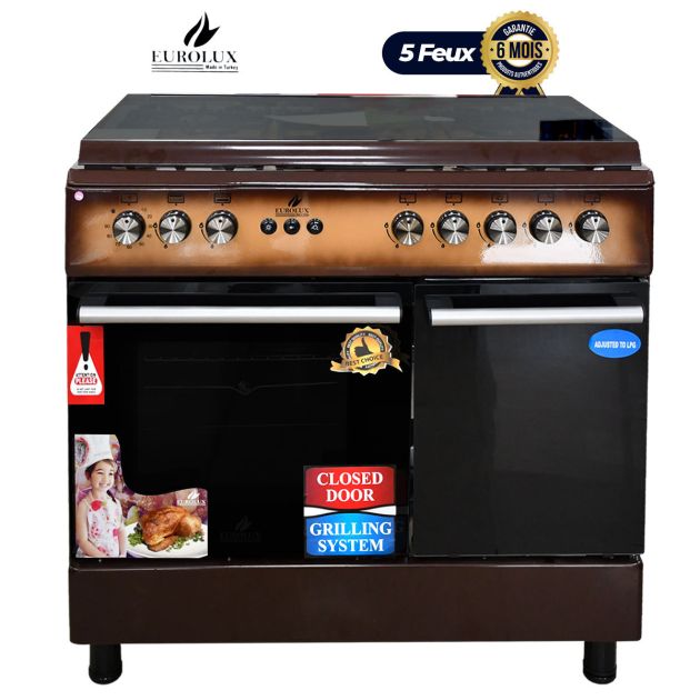 Cuisinière à gaz 5 feux Automatique - EROLUX - Trendy Maron - 60 x 90 - Four et porte bouteille à gaz - Bois