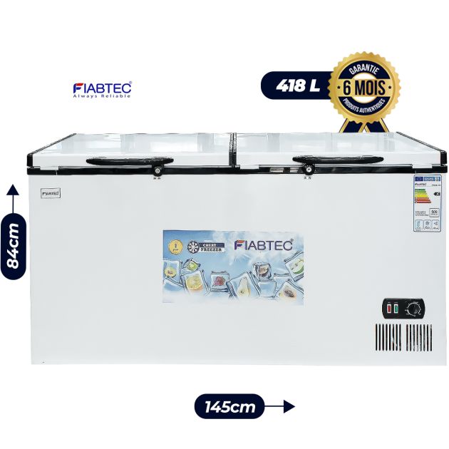 Congélateur coffre à vitres coulissantes – FIABTEC - FTCFQ-418 – 418 Litres – Classe Écologique A+ – Blanc