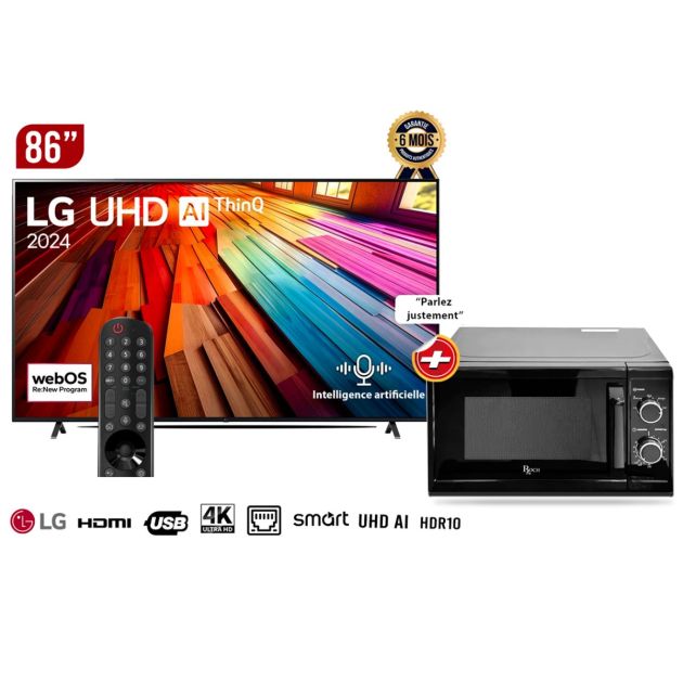 Pack TV Smart LG 86'' 4K - UHD - Processeur α5 AI - Gen7 AI - webOS 24 + Micro Onde Roch - 20 Litres - Garantie 12 mois