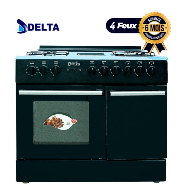 Cuisinière à gaz - DELTA SHINE LINE -DSO-609SLIXBL- 4 Feux + 2 Plaques chauffantes - Avec allumage électrique et automatique - 60 x 90 cm - Noir