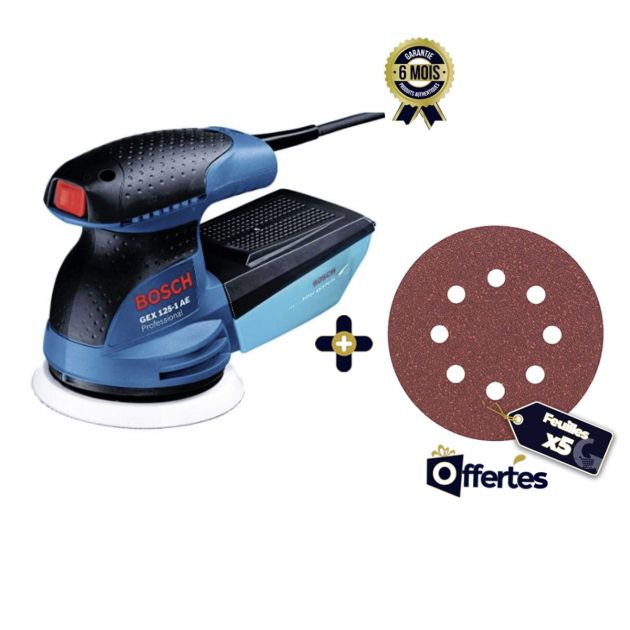 Ponceuse excentrique 125 mm - Bosch GEX 125-1 AE - 250W + 5 Feuilles abrasives 125 mm Offertes - 6 Mois