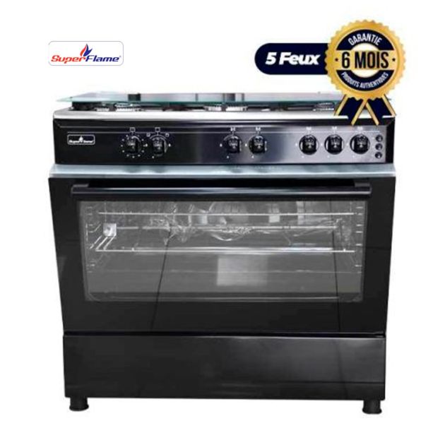Cuisinière à gaz 5 feux - Super Flame - 60 x 90 cm - Avec grand four - Noir - Premium
