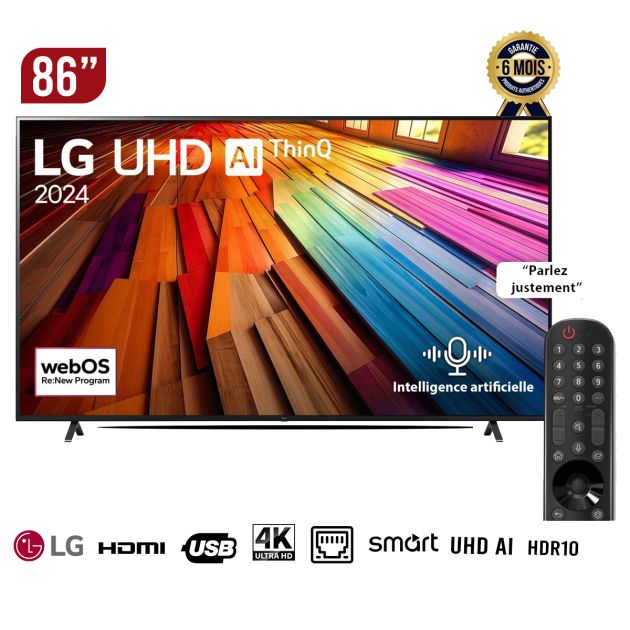 TV Smart LG 86'' 4K - UHD - UT80006LA -Processeur α5 AI - Gen7 AI - webOS24 - Télécommande Magique IA - HDR10 - webOS24 - Modèle 2024 - Garantie 12 Mois
