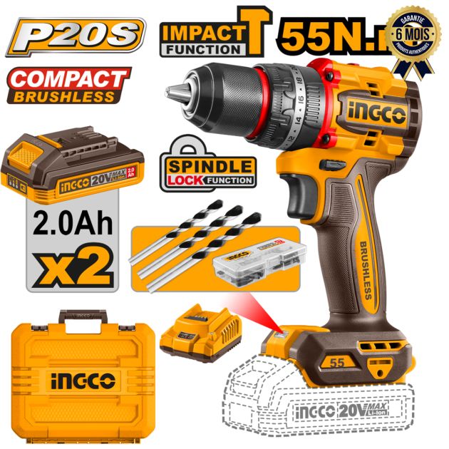 Perceuse à percussion - visseuse sans fil - 20V - Avec 2 batteries et charge - INGCO CIDLI20558 - Garantie 6 mois