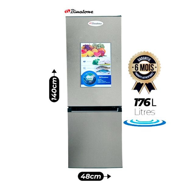 Réfrigérateur Combiné BINATONE - FR205 - Capacité 176 litres - 2 portes - 3 tiroirs - classe énergétique T - Gris