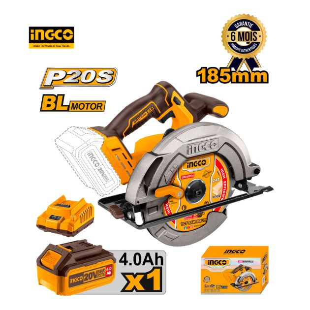 Scie circulaire au Lith-Ion - INGCO CSLI18511 + Batterie 20V - 6 Mois