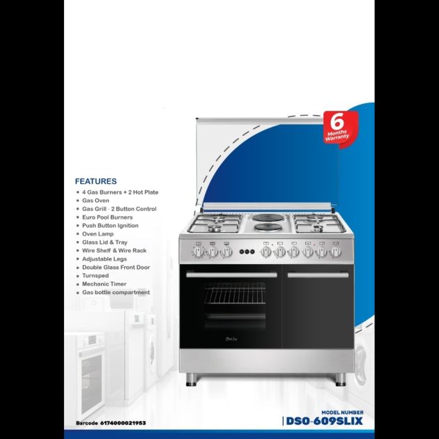 Cuisinière à gaz - DELTA SHINE LINE - 4 Feux + 2 Plaques chauffantes - Avec allumage électrique et automatique - 60 x 90 cm INOX