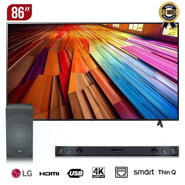 TV Smart LG 86'' 4K - UHD - UT80006LA - Processeur α5 AI - Gen7 AI - webOS24 - Magic Remote - Modèle 2024 + Barre de son LG -SQC2 - 2.1 canaux - 300 W - Avec caisson de basses - Garantie 12 mois