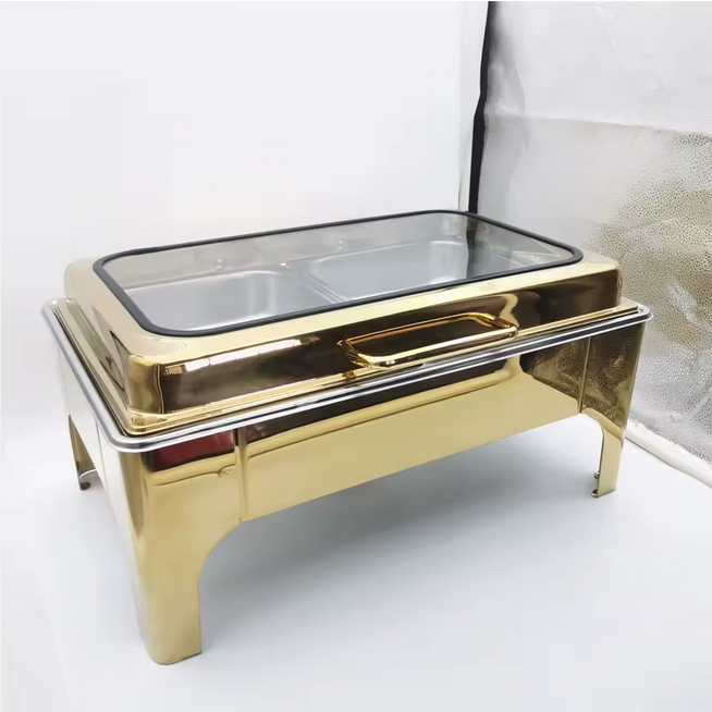 Nouveau design 9L or en acier inoxydable chauffe-plats Rectangle hydraulique Buffet ensembles de chauffe-plats pour la fête de mariage