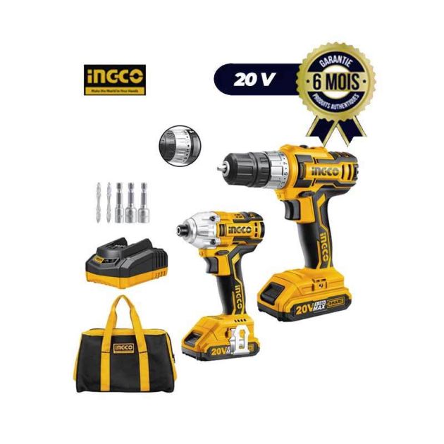 Perceuse visseuse sans fil INGCO CKLI2006 - Au Lithium-Ion - 20V - Double Batteries - 6 Mois