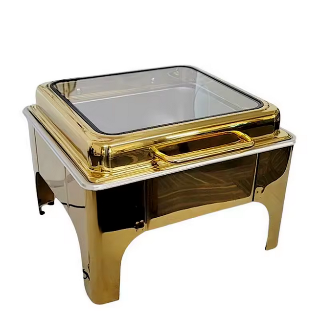 FTS chauffe-plats tout couleur or premium luxe hydraulique restauration carré doré en acier inoxydable couvercle en verre buffet chauffe-plats