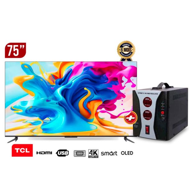 Pack TV SMART TCL- 75 pouces - 75C655 - 4K - UHD - QLED - Smart Google TV + Régulateur de tension numérique ROCH -2000VA Offert - Garantie 12 mois