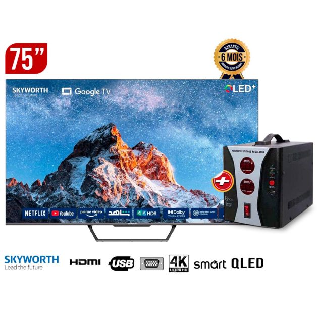 Pack TV Smart - SKYWORTH - 75 Pouces - 75Q6500G - QLED - Google TV - Android TV + Régulateur de tension Numérique ROCH - 2000VA - Garantie 12 mois