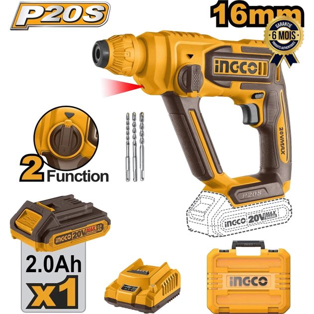 Marteau perforateur sans fil 20 V - INGCO CRHLI201681 - Avec 1 batterie, 1 chargeur, 3 meches SDS - 6 Mois