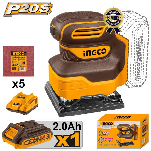 Ponceuse à feuilles sans fil - INGCO CSHSLI20141 - 110 × 100 mm - 20V +1 batterie, 1 chargeur, 5 Papiers - 6 Mois