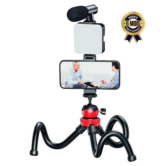 Kit de trépied flexible pour vidéos  Plokama Pk-776 - Avec micro et éclairage vidéo LED - Télécommande incluse