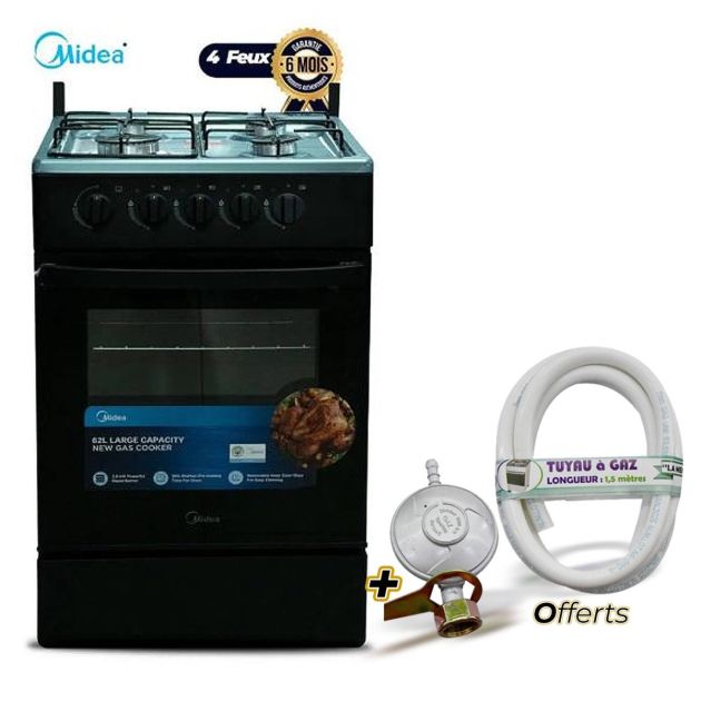 Cuisinière à gaz 4 feux 50 x 50 cm - Noir + Tuyau à gaz de 1,5 Mètres avec détendeur à gaz