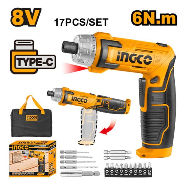 Tournevis sans fil - INGCO CSDLI0802 - 8V - Lithium-Ion - Avec poignée réglable et lampe de travail LED