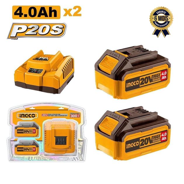 Kit de 2 Batteries - INGCO FBCPK1424 - Batterie lithium-ion 20V 4 Ah + 1 Chargeur Lithium-Ion P20S - Garantie 6 mois
