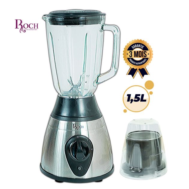 Mixeur/Blender 2en1 - ROCH - RBL-114SS-C - 500W - 1,5 Litres avec Bol Sec - Bol en Verre