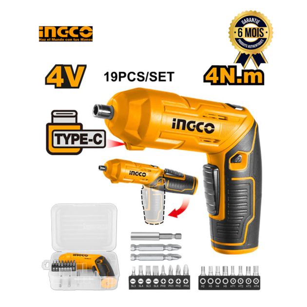 Tournevis sans fil - INGCO CSDLI0442 - 4V - Lithium-Ion - Avec poignée réglable et lampe de travail LED