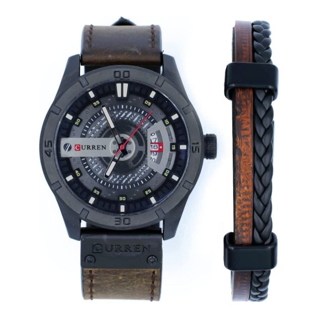 Montres Ensemble montre homme bracelet cuir et Bracelet Tendance avec Fermoir Magnétique + Coffret Cadeau