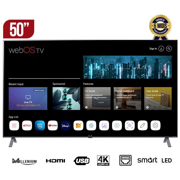 TV Smart Android 50" - MILLENIUM - 50AS8000 - 4K-UHD - Avec ports HDMI, USB et VJR - DOLBY - Garantie 6 mois