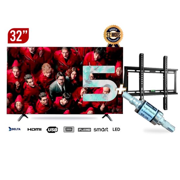 Pack special Smart TV Delta 32 Pouces - 32DL1514- Full HD - ANDROID 13 + Support mural TV + Parafoudre Canal TV Offert