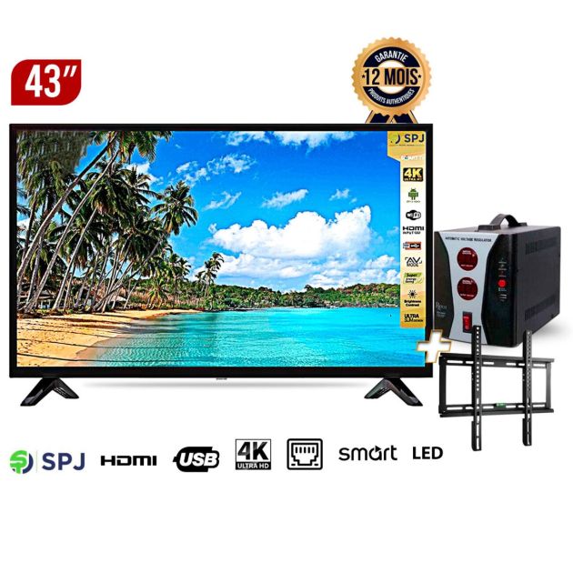 Pack SMART TV SPJ 43 pouces, TV SPJ fhds43bl22000v, SPJ 43 pouces LED FHD, TV Android Chromecast intégré, SPJ série 2200, régulateur de tension Roch