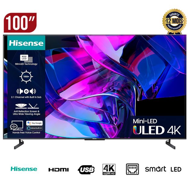 TV Smart Hisense - 100 pouces - 100U7K-PRO - Mini-LED VIDAA Smart OS - Garantie 12 mois
