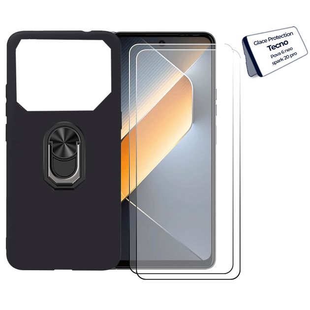 Kit de protection complet pour Tecno Pova 6 Neo et Tecno Spark 20 Pro (Coque avec anneau et Verre de protection)