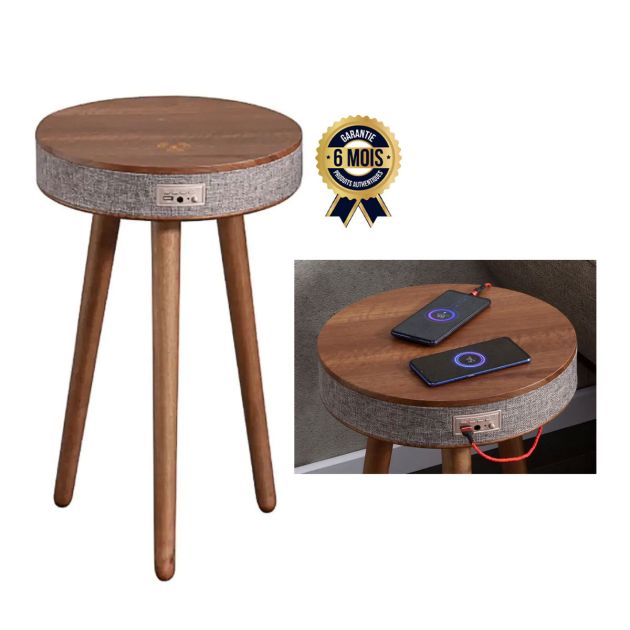 Table enceinte Bluetooth avec charge sans fil - Table d'appoint en bois portable et intelligente