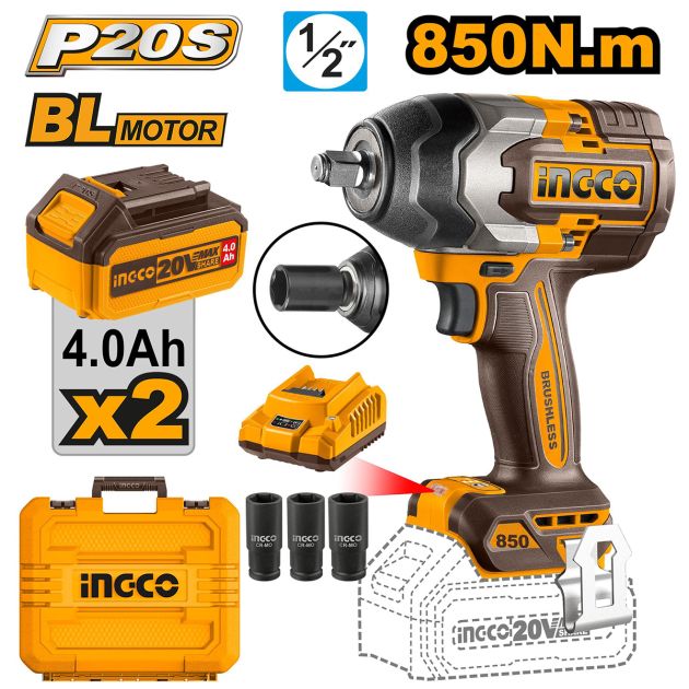 Clé à chocs sans fil 1/2" - INGCO CIWLI2085 - 20V - 850 Nm + 2 batteries, 1 chargeur, 3 douilles - 6 Mois