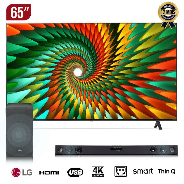 TV Smart LG Nanocell 65'' - 65NANO776RA - WebOS - Version 2023 - Smart AI ThinQ - Magic Remote - AI Sound Pro + Barre de Son LG - SN5 - Bass Boost - USB - 400 W - Garantie 12 mois