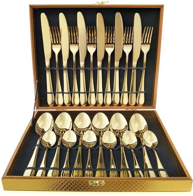 4/24pcs Couteaux Fourchettes Cuillères Set de cuisine Couverts en acier inoxydable avec cadeau Boîte en bois