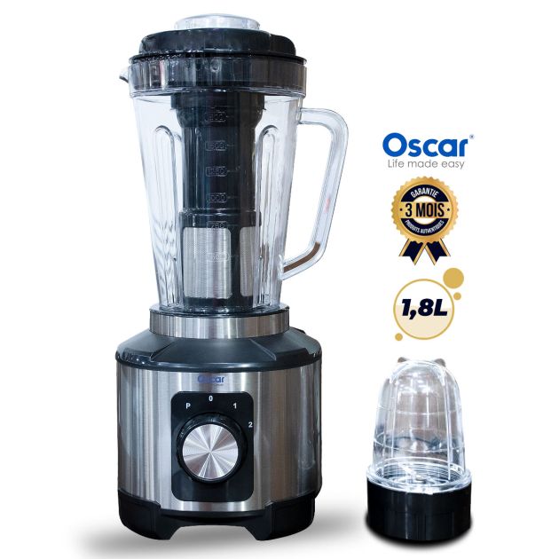 Blender - Mixeur broyeur à glace avec protection contre la surchauffe et verrouillage de sécurité - OSCAR - OSC-32PP-SS - 600 watts - Bol en plastique de 1,8 Litres avec 1 grand bol à hacher, 1 filtre