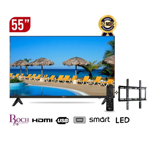 TV Smart ROCH 55 pouces - RH-LE55DSA- B - Full HD - DVB T2, S2 - Android + Support Mural integre Noir - 6 mois