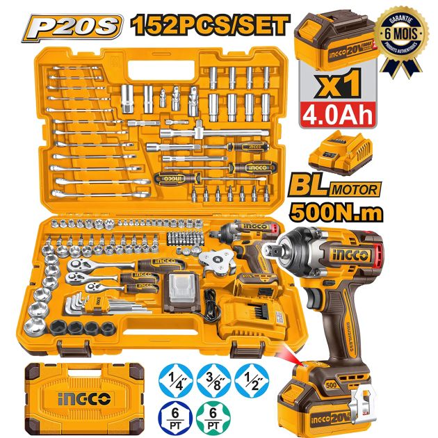 Clé à Choc - 20V - 500 Nm - 1/2 + Ensemble de 152 Pièces - INGCO HKTHP31521 - Garantie 6 mois