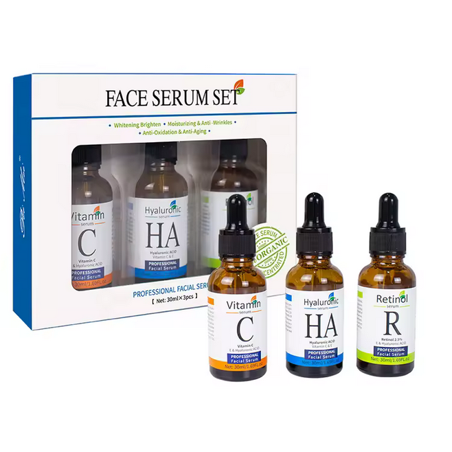 Kit de sérum OEM blanchissant Anti-âge lifting raffermissant Anti-rides éclaircissant hydratant Anti-oxydation VC rétinol HA
